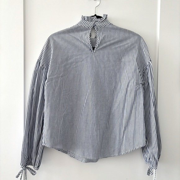 Zara Ruffle Neck Striped Blue White Cotton Top Size S - Picture 5 of 5